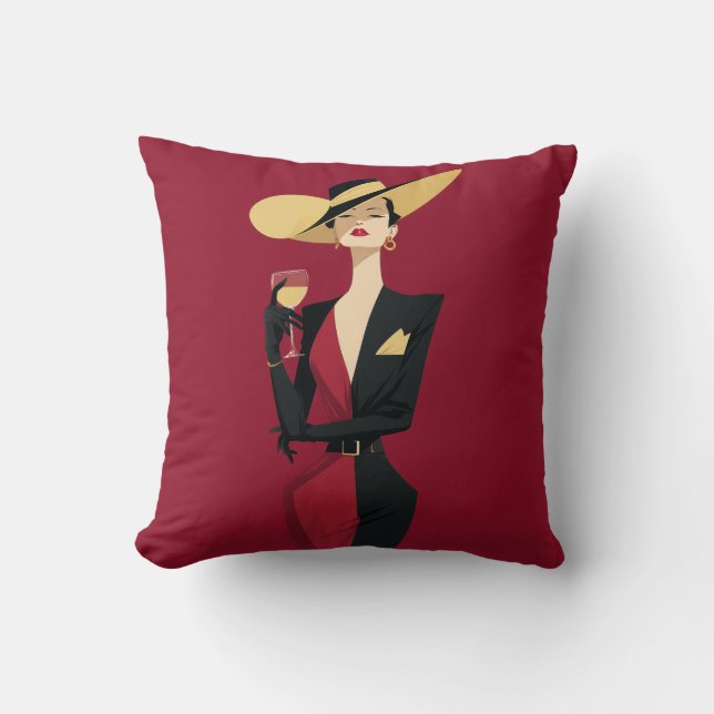 Almofada Ilustração de Vino de Mulher Elegante (Frente)