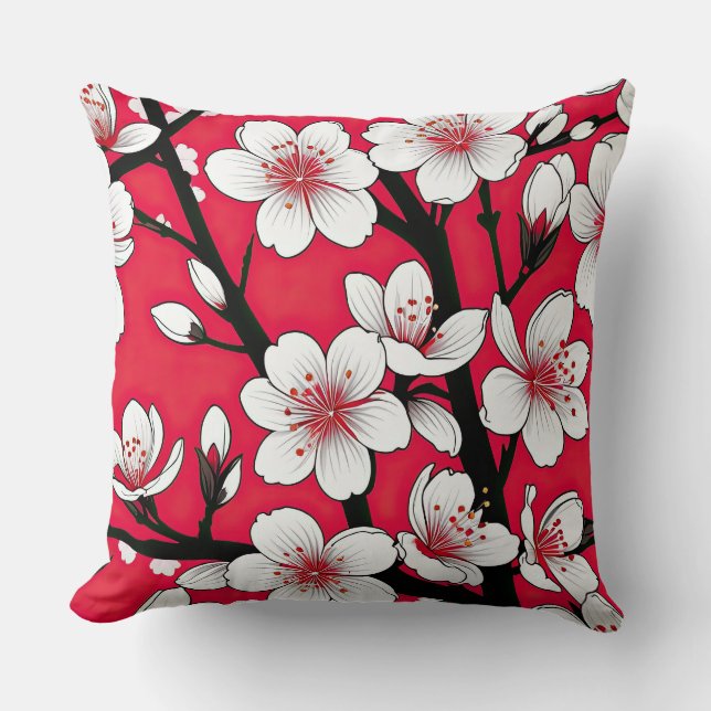 Almofada Ilustração do Flor de Cereja em Vermelho (Frente)