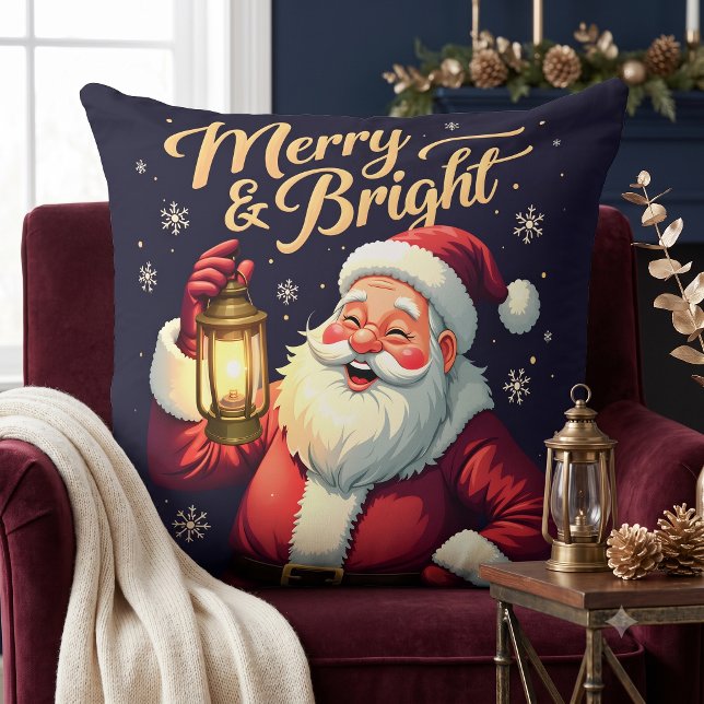 Almofada Ilustração do Papai Noel Alegre e Radiante Seguran (Merry Bright Santa Holding Lantern Illustration Throw Pillow)