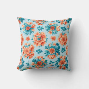 Almofada Ilustração Floral Azul e Laranja Vibrante