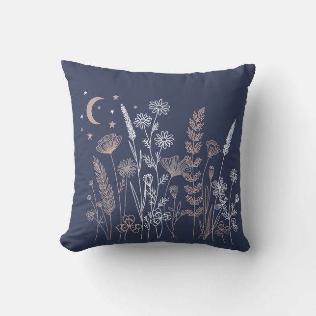Almofada Ilustração Floral do Céu Noturno Boho – Lua, Estre (Frente)