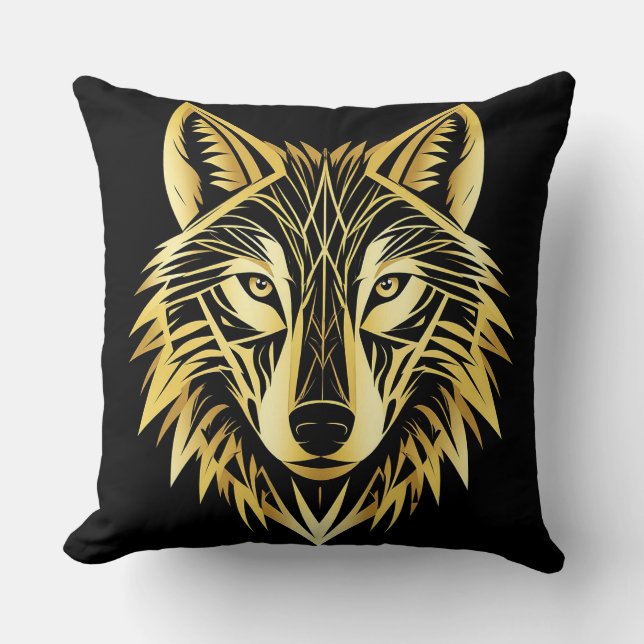 Almofada Ilustração Geométrica de Lobo Dourado (Frente)