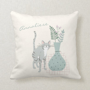 Almofada Ilustração Personalizada de Gato Fofo e Flores