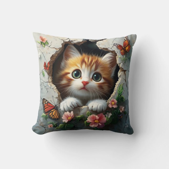 Almofada Imagem 3D de um gatinho fofo espiando (Frente)