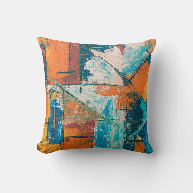 Almofada Impasto Abstrato Laranja e Azul Turquesa (Frente)