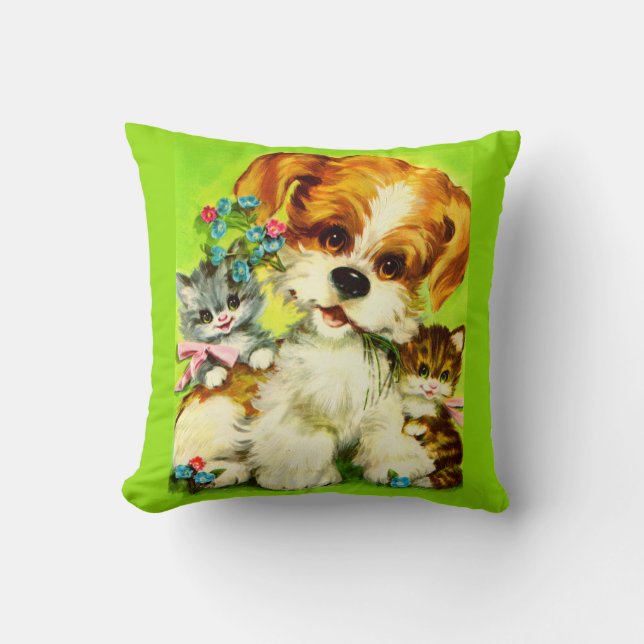 Almofada impressão de cachorrinho fofo e gatinhos sorrident (Frente)