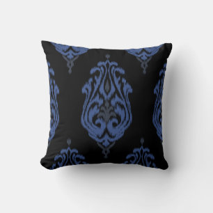 Almofada Impressão de ikat tribal azul-chic e damasco preto