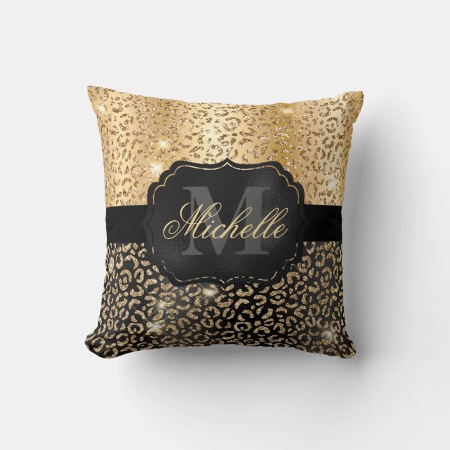 Almofada Impressão de manchas de leopardo preto e dourado f (Frente)