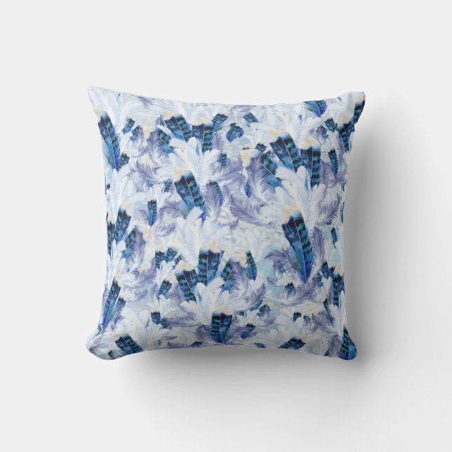 Almofada Impressão de penas de aves azuis de mistura exótic (Frente)