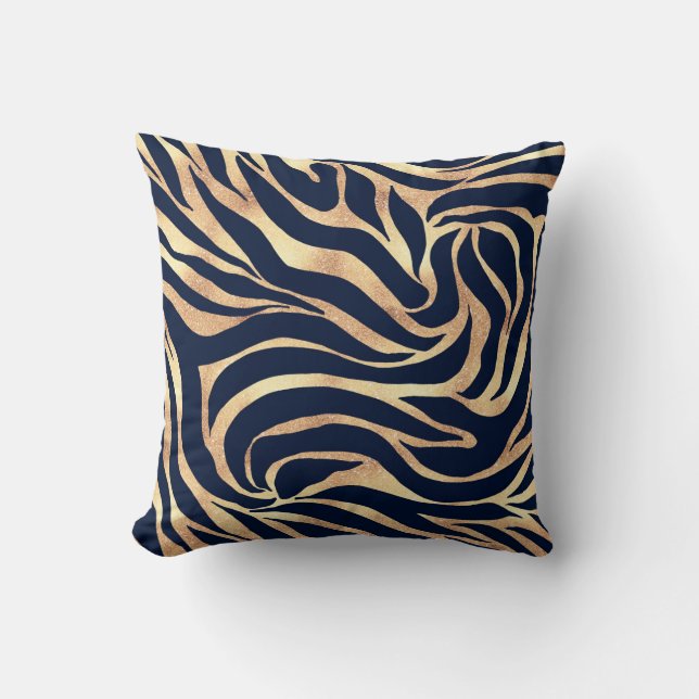 Almofada Impressão de Zebra Azul Dourada Elegante Marinho (Frente)
