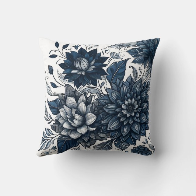 Almofada Impressão Floral Boêmia Azul e Branco (Verso)