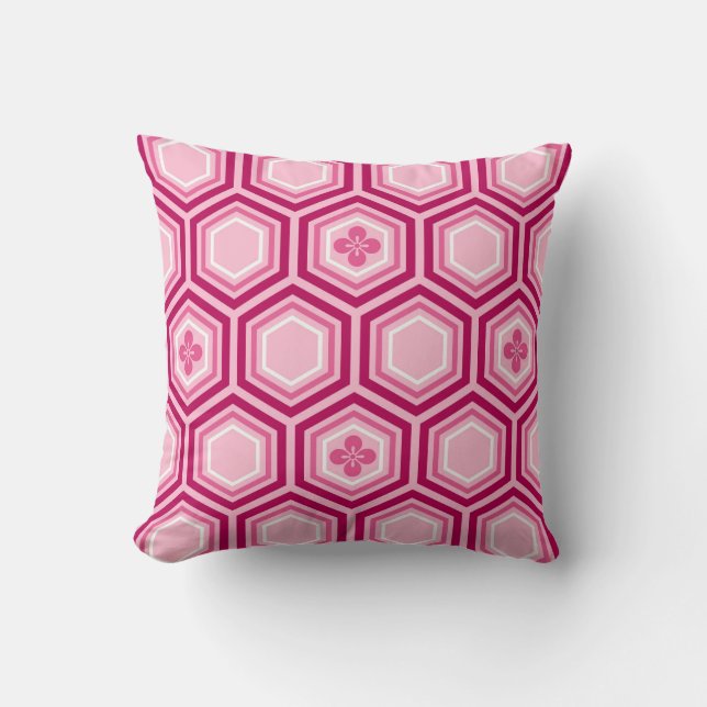 Almofada Impressão Hexagonal Kimono, Borgonha e Rosa (Frente)