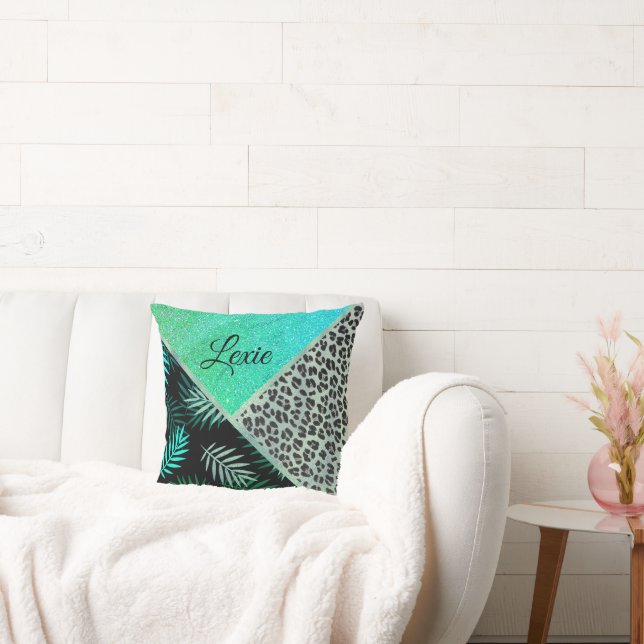Almofada Impressão Tropical Leopardo de Teal com Espessura  (Sofá)