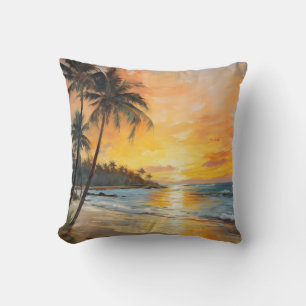 Almofada Impressionismo Francês: Sunset Beach e Palm Trees