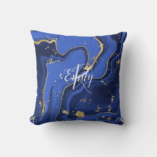 Almofada Indigo Blue Agate Marble Abstrato Nome Monograma (Frente)