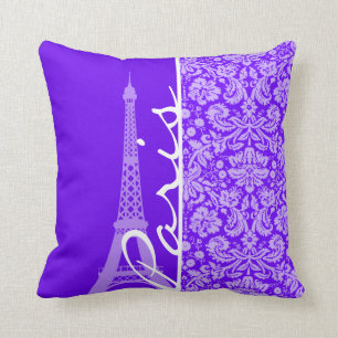 Almofada Indigo, Damasco Roxo; Paris; Torre Eiffel