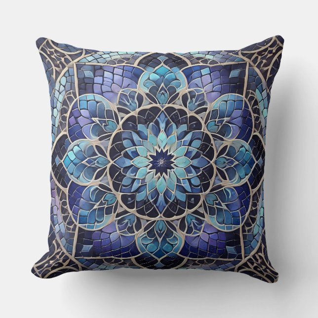Almofada Indigo Mandala: Mosaico Gradiente Profundo (Frente)