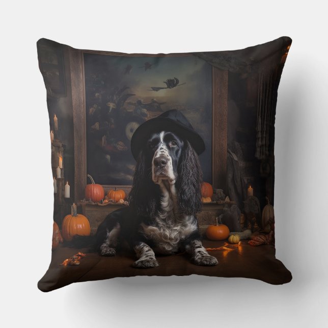 Almofada Inglês Cocker Spaniel Pumpkins Halloween Assustado (Verso)
