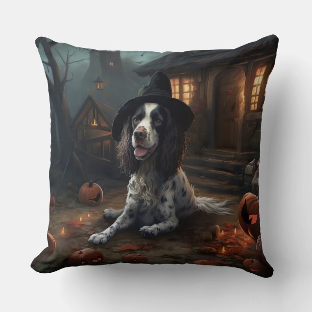 Almofada Inglês Springer Spaniel Pumpkins Halloween Scary (Frente)