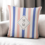 Almofada Iniciais de monograma com tiras azuis cor-de-rosa<br><div class="desc">Travesseiro decorativo com uma rosa claro e padrão listrado de azul e branco de milho com suas iniciais de monograma em cinza escura sobre forma de diamante neotral claro. Todas as cores são personalizáveis.</div>