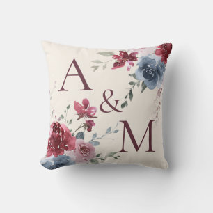 Almofada Iniciais de Monograma Dusty Rosa Blue Floral Ivory