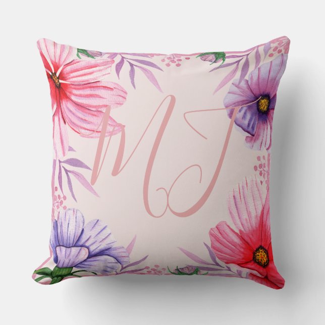 Almofada Iniciais de Monograma Personalizadas e Flores Trop (Frente)
