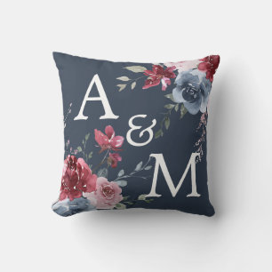 Almofada Iniciais de Monograma Rosa Azul Azul Floral Escuro