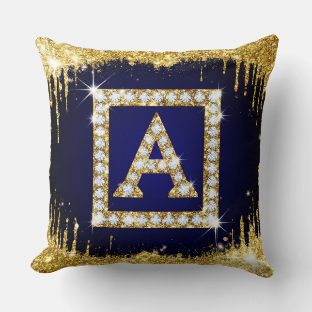 Almofada Inicial A com Monograma Dourado e Brilho Azul (Frente)