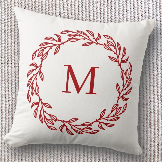 Almofada Inicial de Monograma Moderno com Coroa de Folhas V (Modern monogram initial red and white leafy botanical wreath throw pillow)