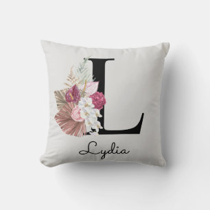 Almofada Inicial Floral Boho Rosa Monograma L