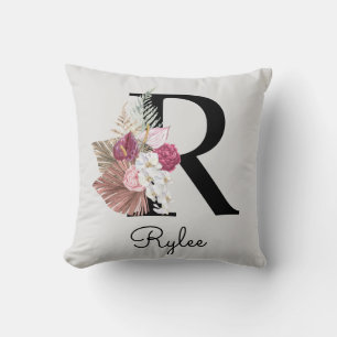 Almofada Inicial Floral Boho Rosa Monograma R