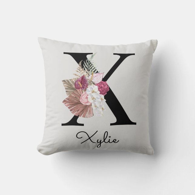 Almofada Inicial Floral Boho Rosa Monograma X (Frente)