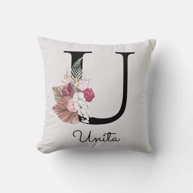 Almofada Inicial Floral Rosa Boho Monograma U (Frente)