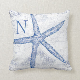 Almofada Inicial Monogrammed do mapa azul litoral da