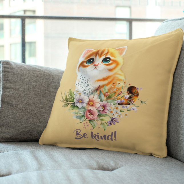 Almofada Inspirational Kitten Floral Design ("Be Kind" Inspirational Kitten Floral Design Throw Pillow)