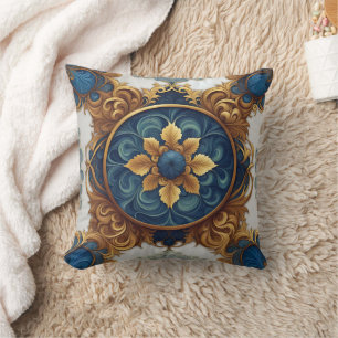 Almofada Intrair Design floral em azul e Dourado