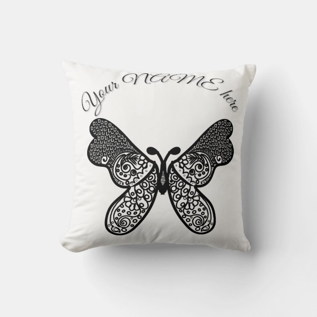 Almofada Intrincado Mandala Boho Borboleta Preto e Branco A (Frente)