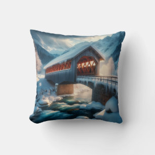 Almofada Inverno, ponte coberta por neve e rio