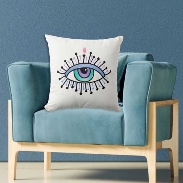 Almofada Ioga Espiritual Mística de Terceiros Olhos Nova Id (White Pillow with hand drawn mystical eye third eye symbol on aqua chair)