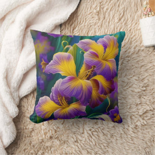Almofada Iris Folhas plorais roxas e azuis-douradas