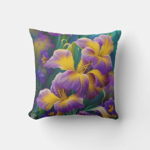 Almofada Iris Folhas plorais roxas e azuis-douradas