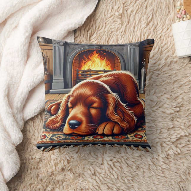 Almofada Irish Setter Puppy Dormindo por uma Lareira quente (Cobertor)