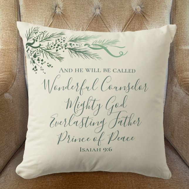 Almofada Isaiah Personalizado Deco de Natal Moderno de 9:6  (Isaiah 9:6 Prince of Peace Bible Verse with modern green pine and elegant script.  Christmas Decor.)