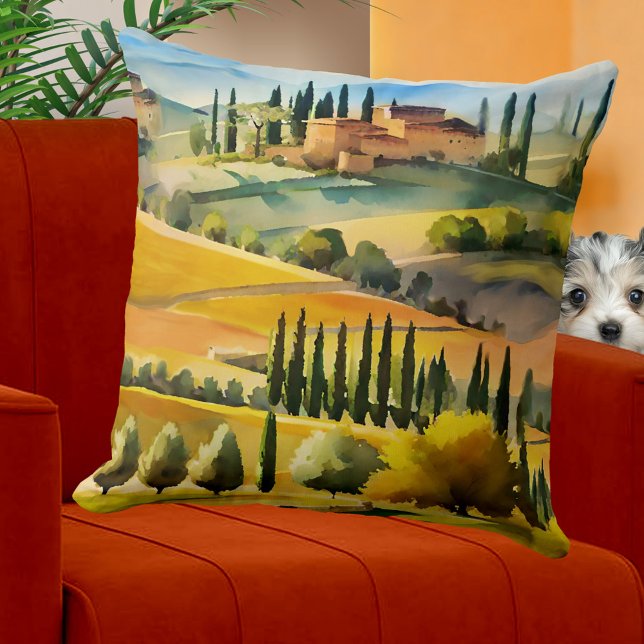 Almofada Italian Tuscan Watercolor Landscape (Pillow featuring a watercolor painting of an Italian Tuscan landscape.)