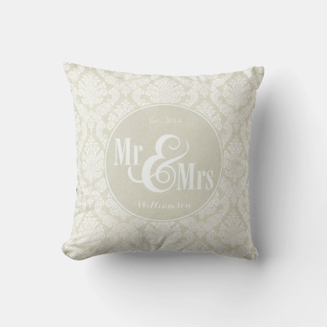 Almofada Ivory Damask "Mr & Mrs" travesseiro, personalizado (Frente)