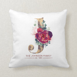 Almofada J Monograma Floral Vermelho Borgonha Dourado