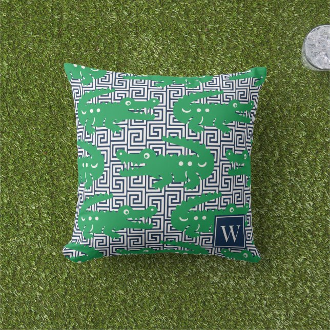 Almofada Jacaré Chave Grego - Monograma Verde e Azul Marinh (Grama)