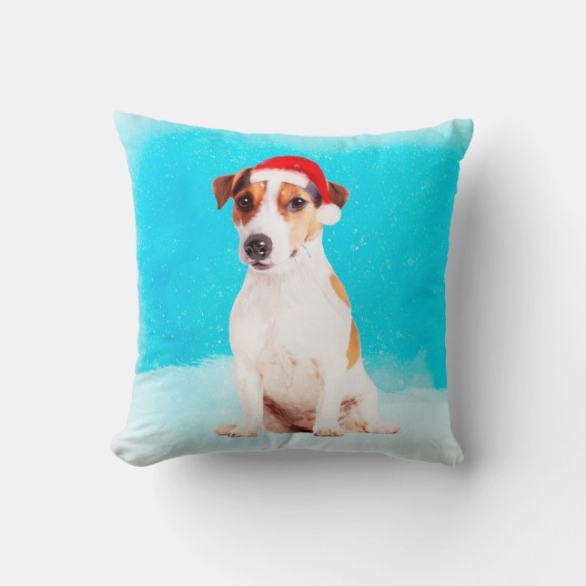 Almofada jack russell Cachorro Sentado na neve com Santa Ha (Frente)