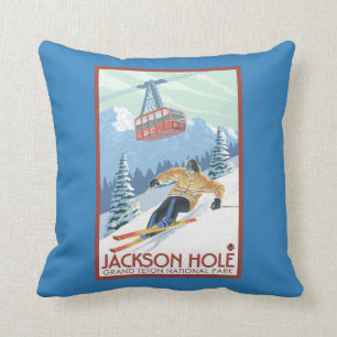 Almofada Jackson Hole, esquiador de Wyoming e bonde