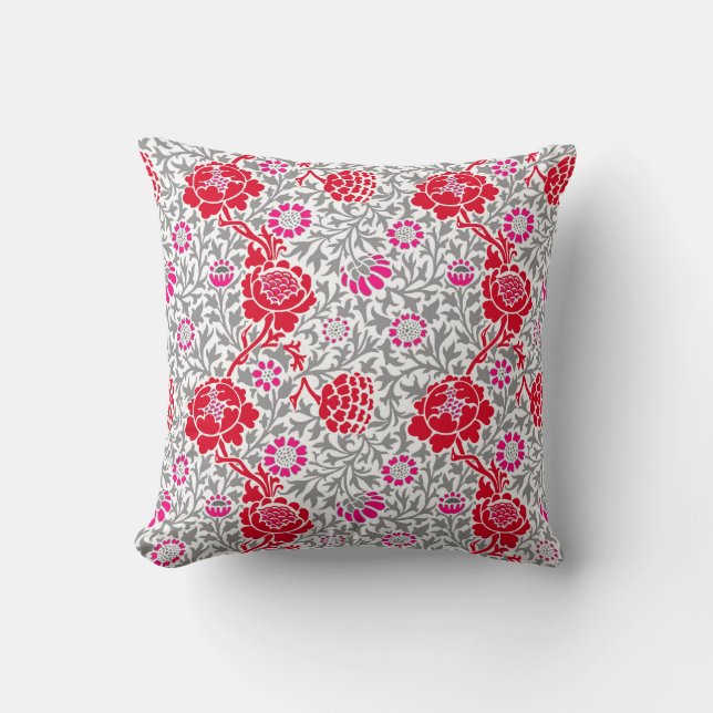 Almofada Jacobean Floral, Vermelho Profundo, Rosa e Cinzas (Frente)